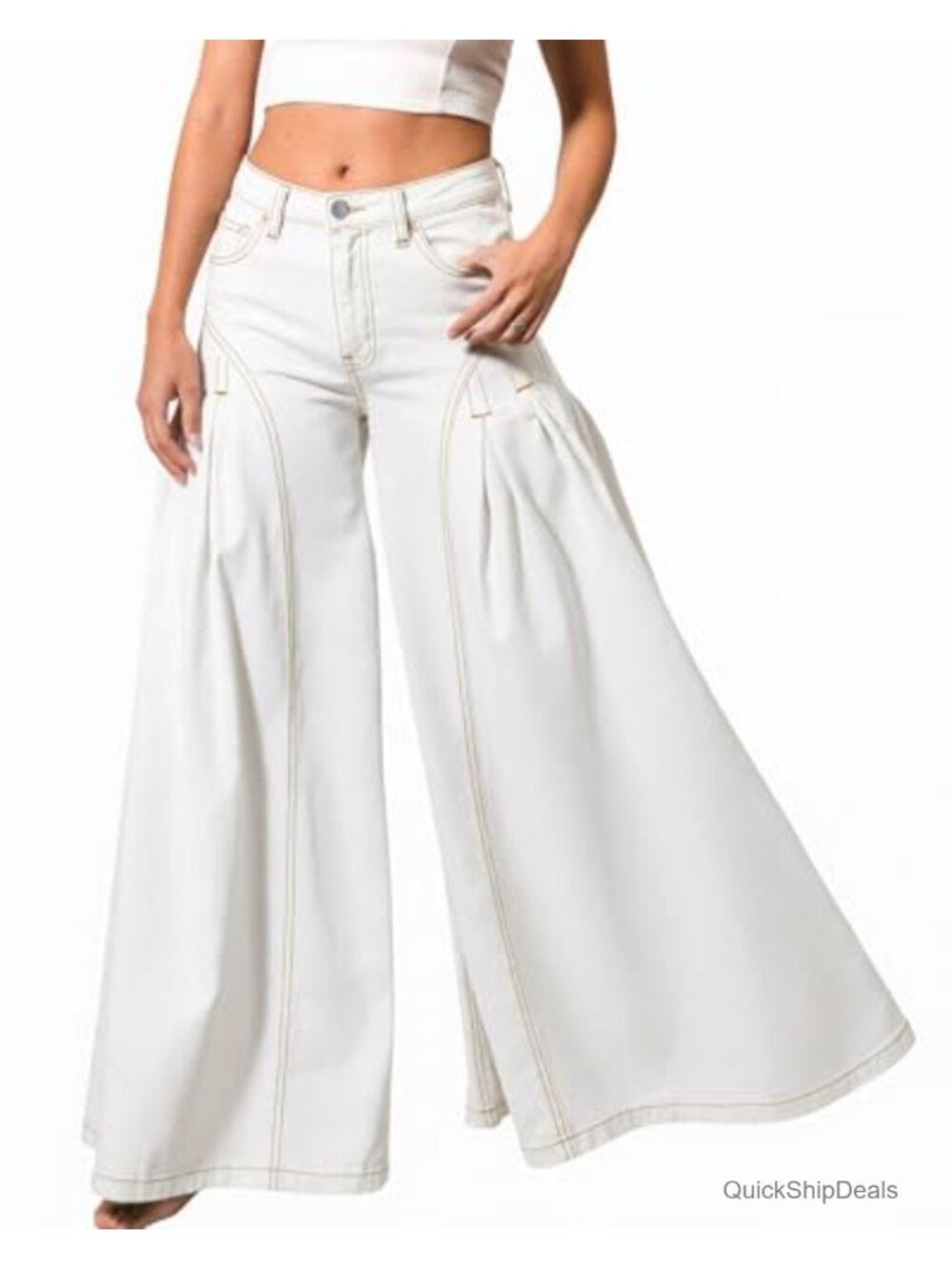 High Waist Flared Bell Bottom Jeans Stretch Wide Leg Pleated Denim Pants